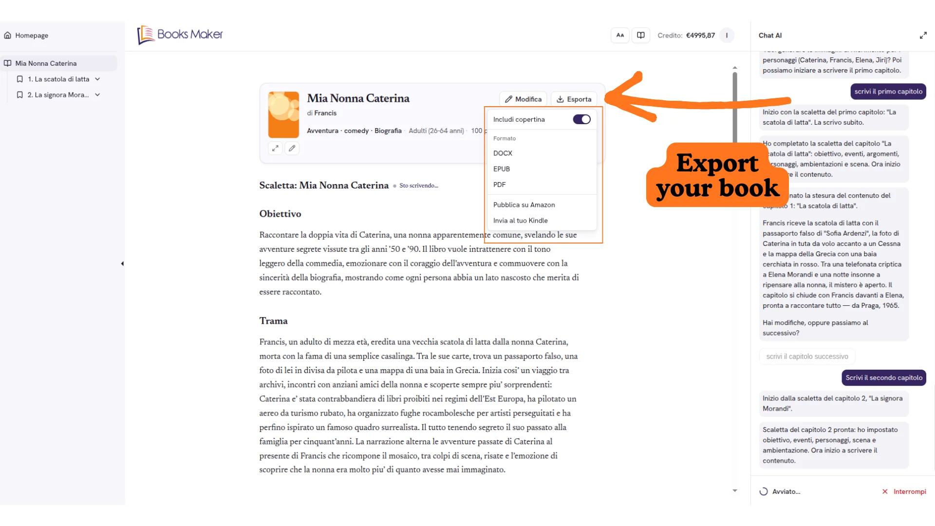 Export menu in various formats