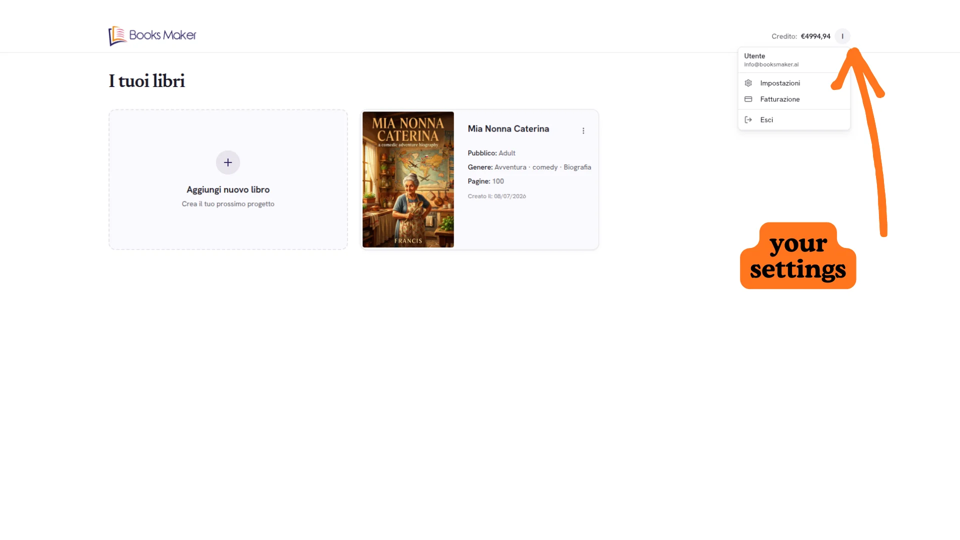 Home page menu with settings, billing and top-up