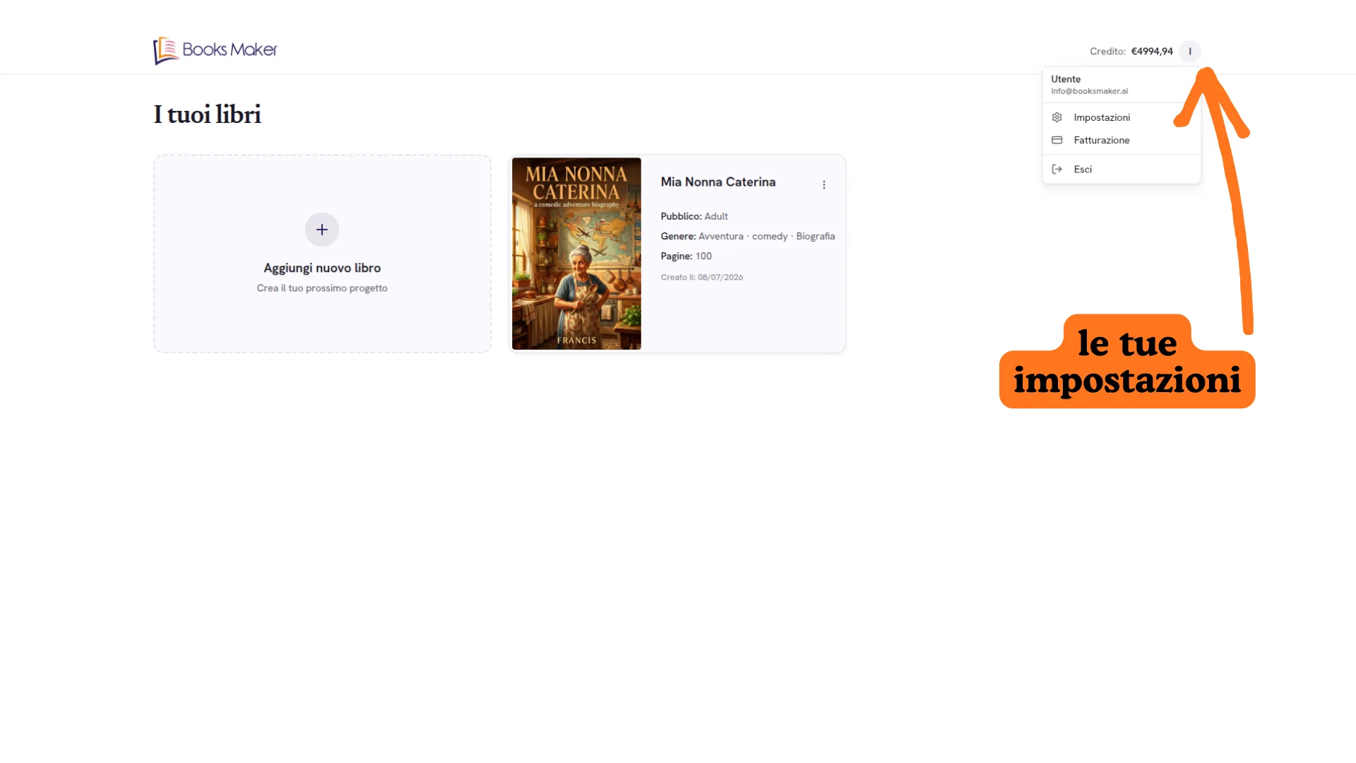 Menu home page con settings, fatturazione e ricarica
