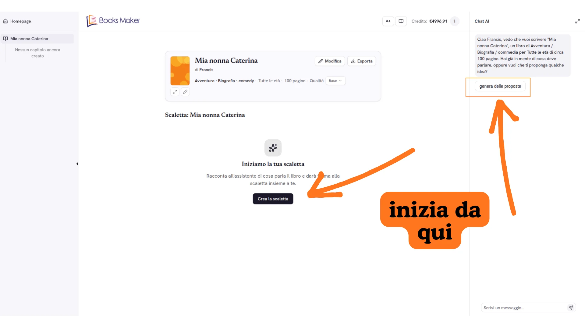 Creazione della scaletta con l'assistente AI