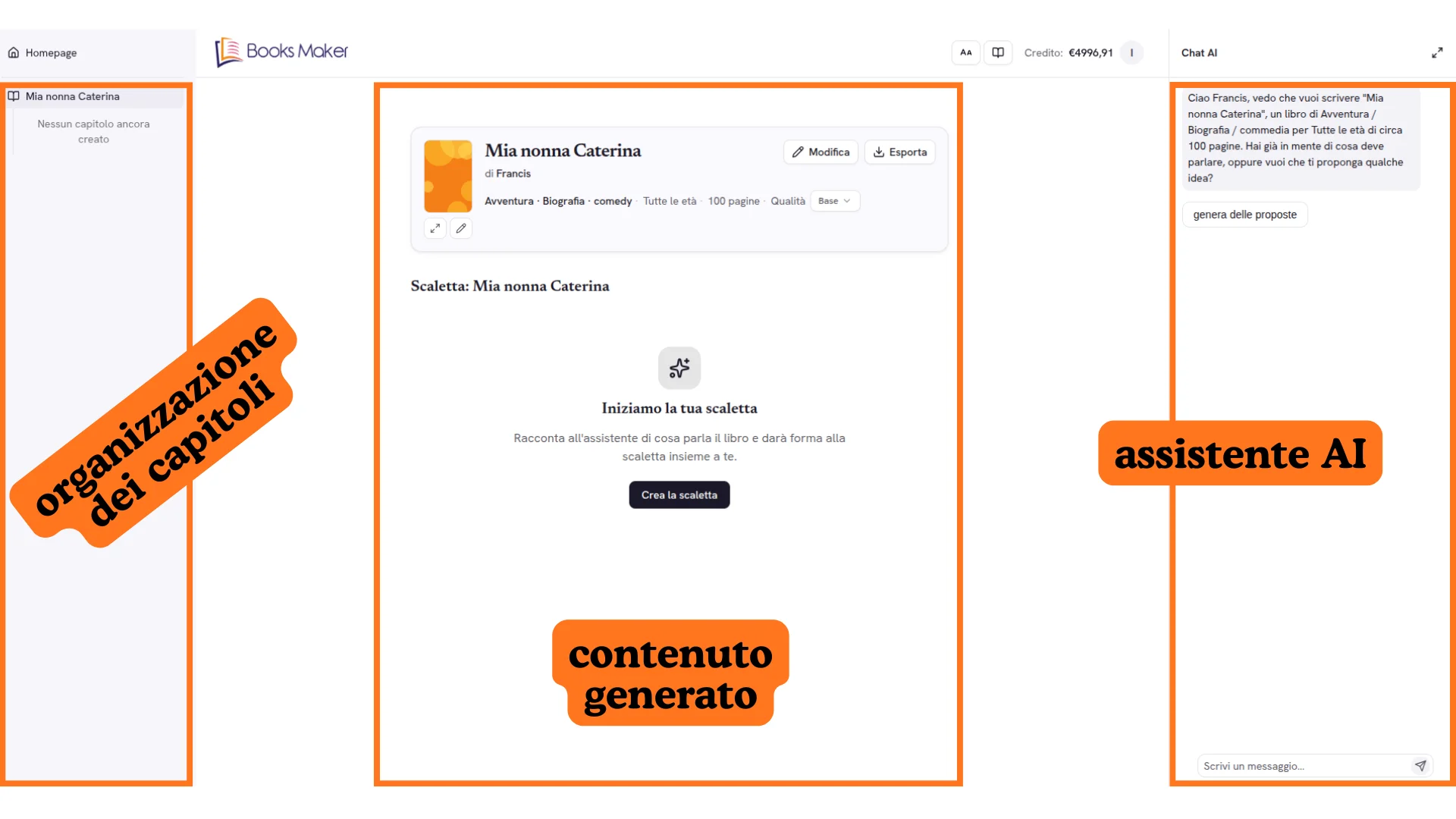 Panoramica dell'editor con le tre aree: struttura, contenuto e assistente AI