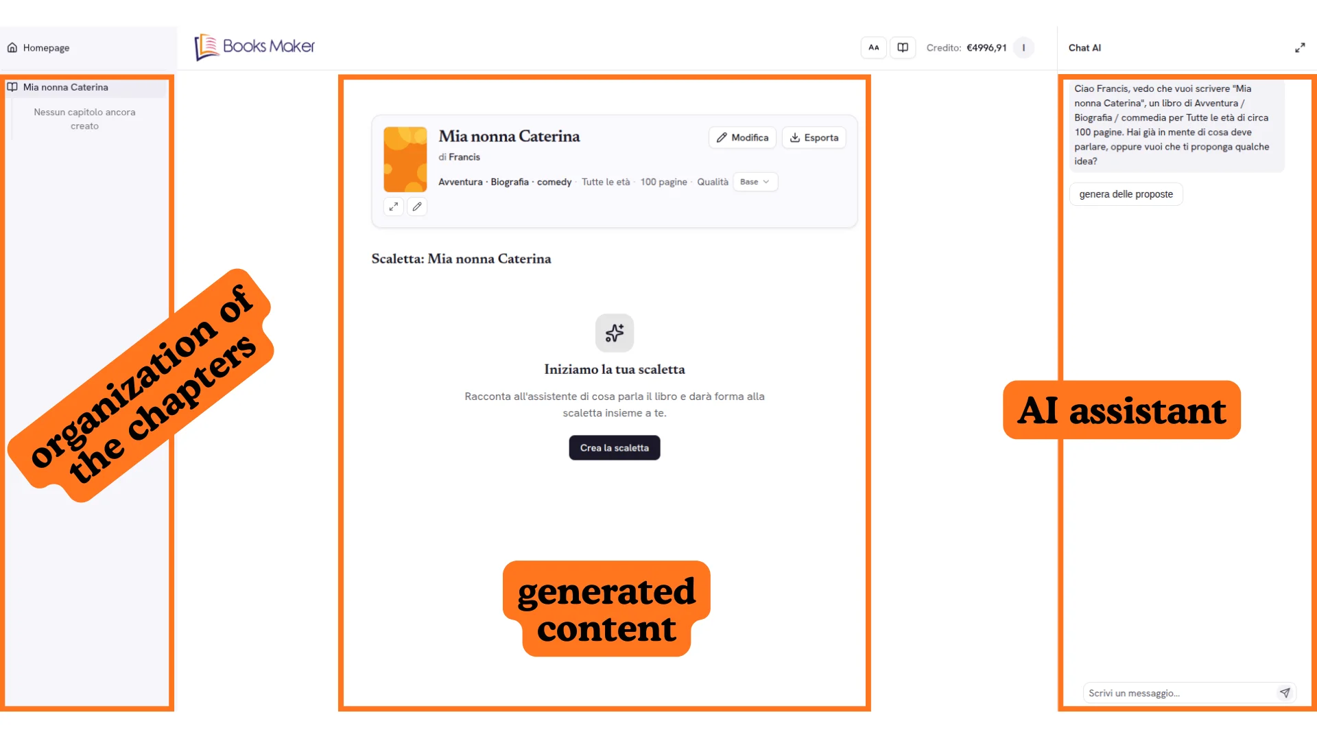 Editor overview with three areas: structure, content and AI assistant